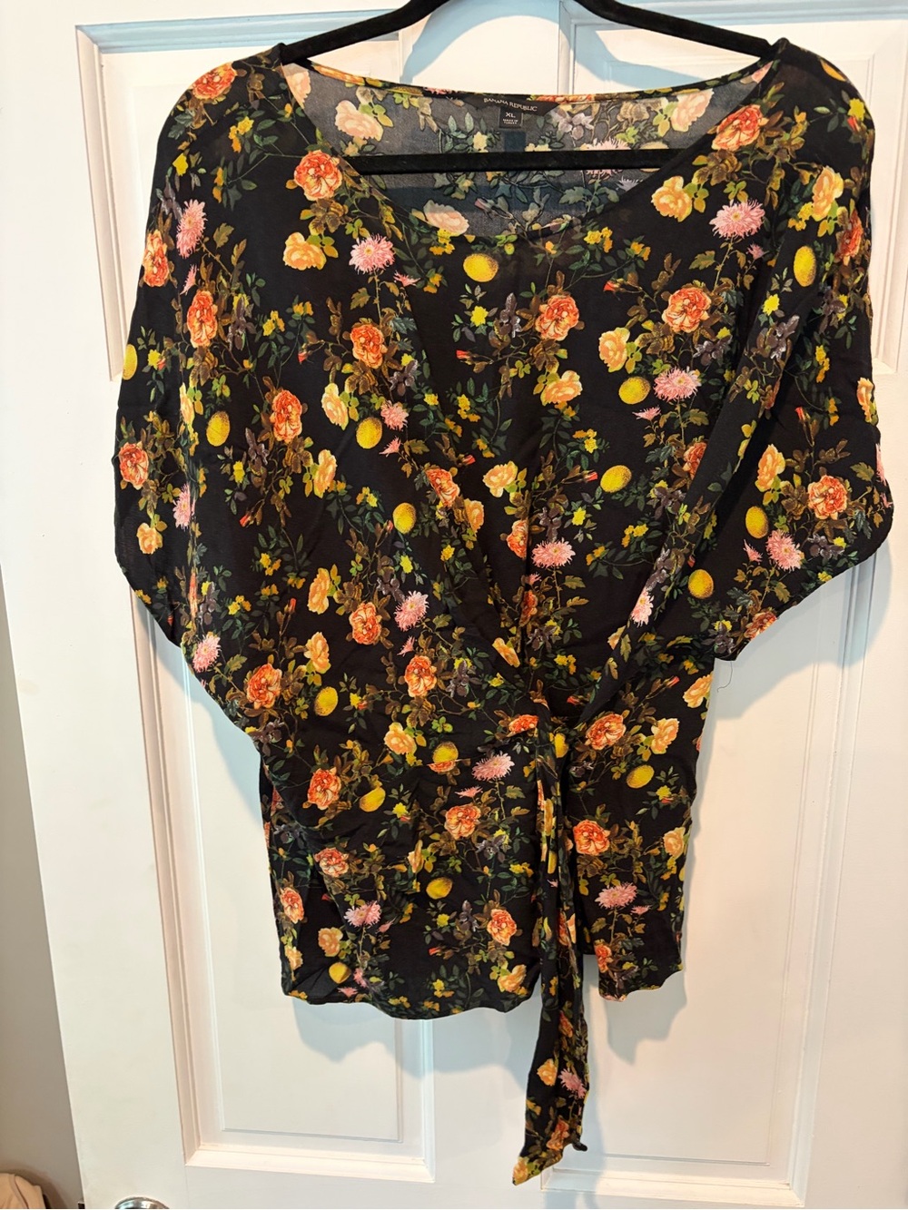 Banana Black Floral Tie-Front Blouse with Yellow Accents